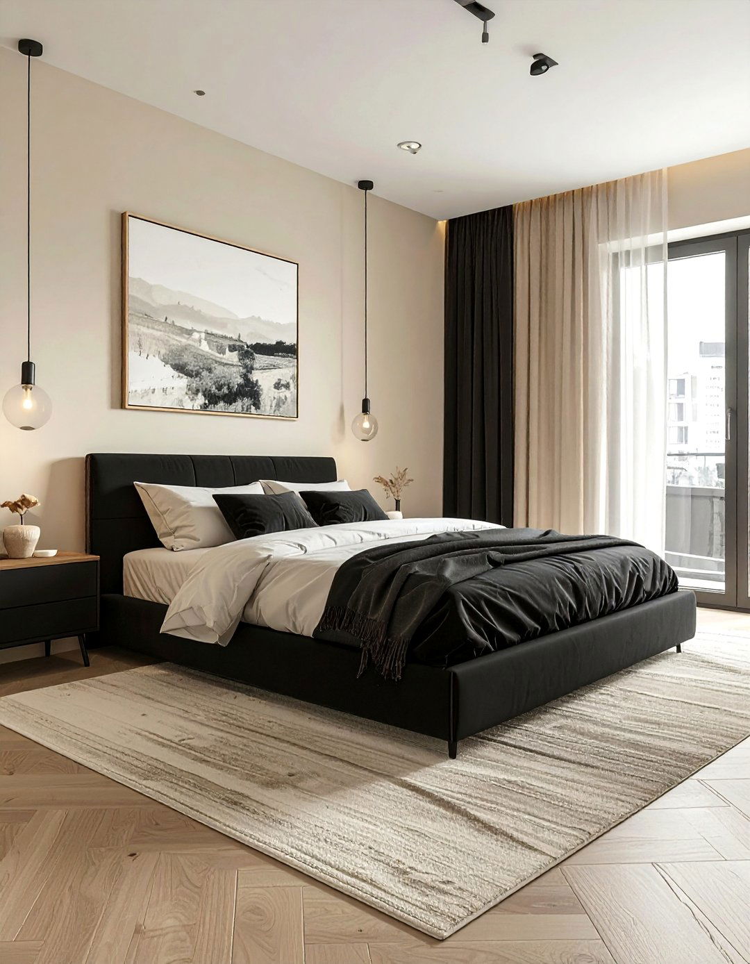 Cream and Black Bedroom with Natural Wood Tones - 35 Cream and Black Bedroom Ideas for Elegant Style