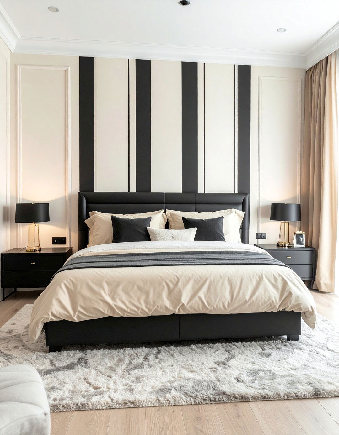 Cream and Black Bedroom with Striped Walls - 35 Cream and Black Bedroom Ideas for Elegant Style