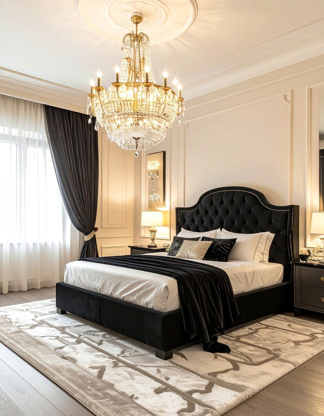 Cream and Black Bedroom with a Chandelier - 35 Cream and Black Bedroom Ideas for Elegant Style