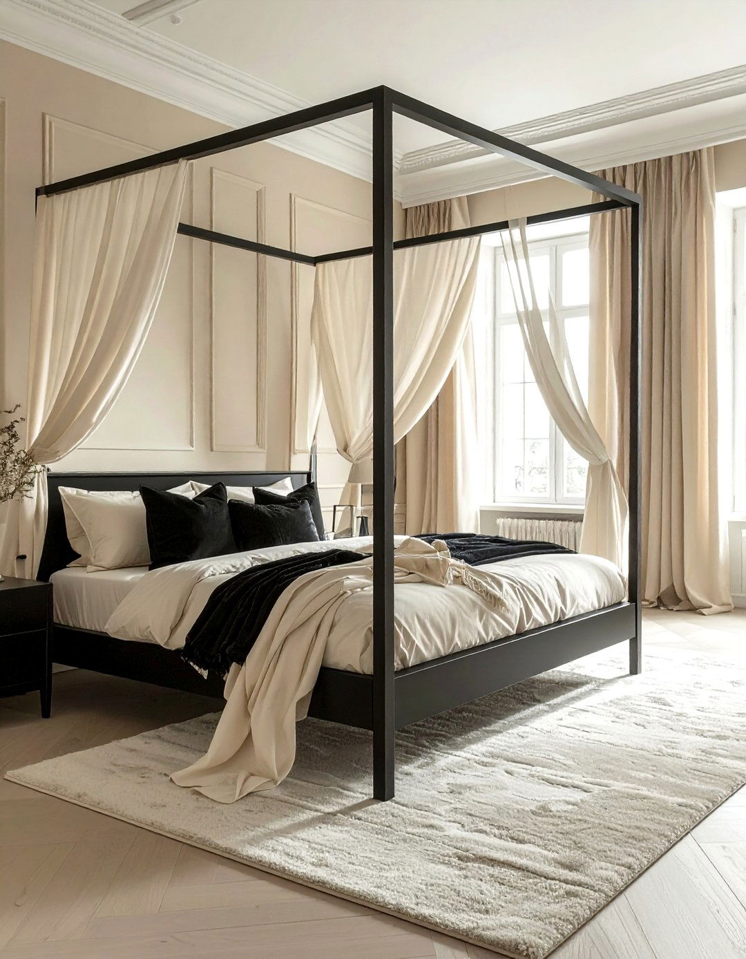 Cream and Black Bedroom with a Four Poster Bed - 35 Cream and Black Bedroom Ideas for Elegant Style