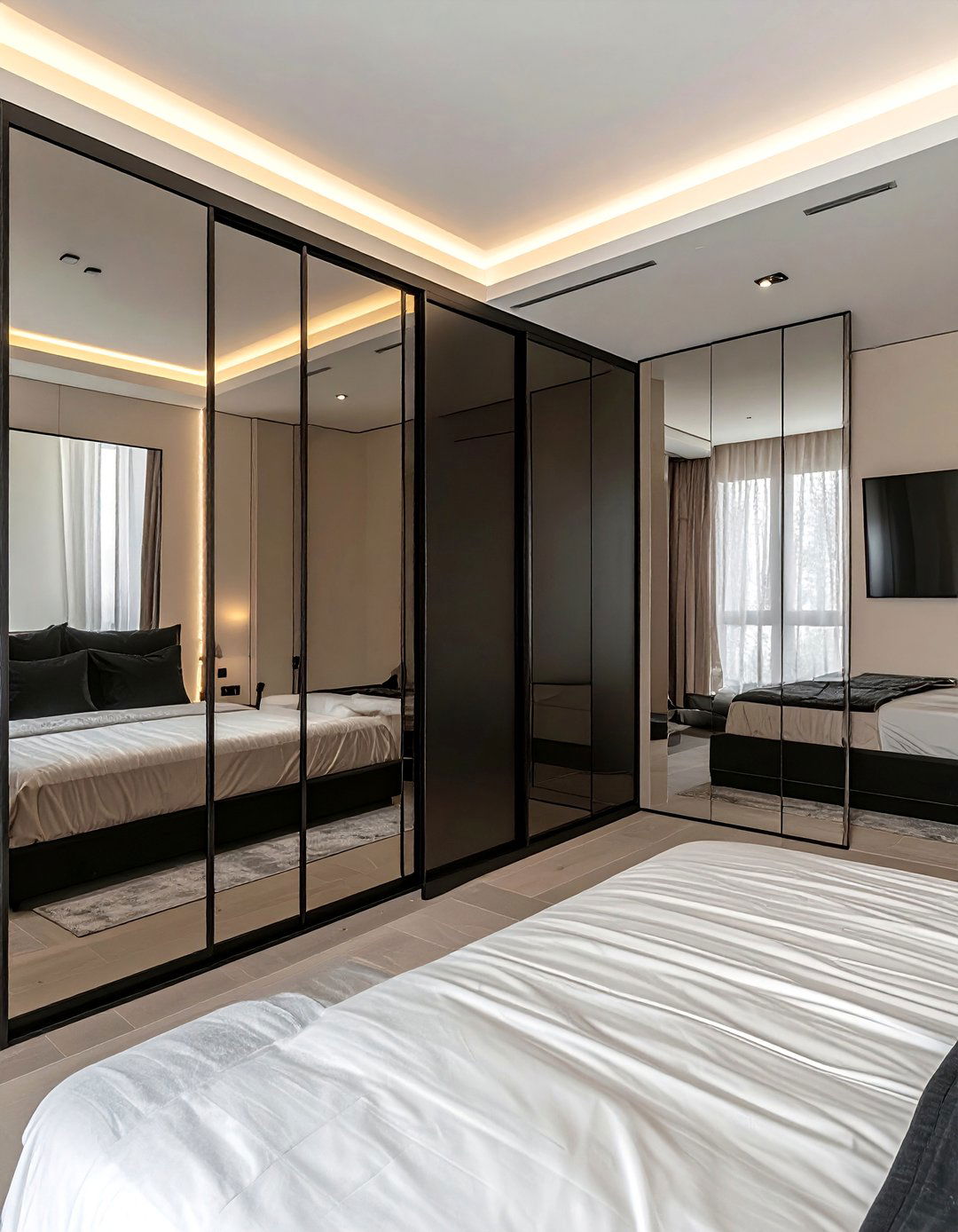 Cream and Black Bedroom with a Mirrored Wardrobe - 35 Cream and Black Bedroom Ideas for Elegant Style