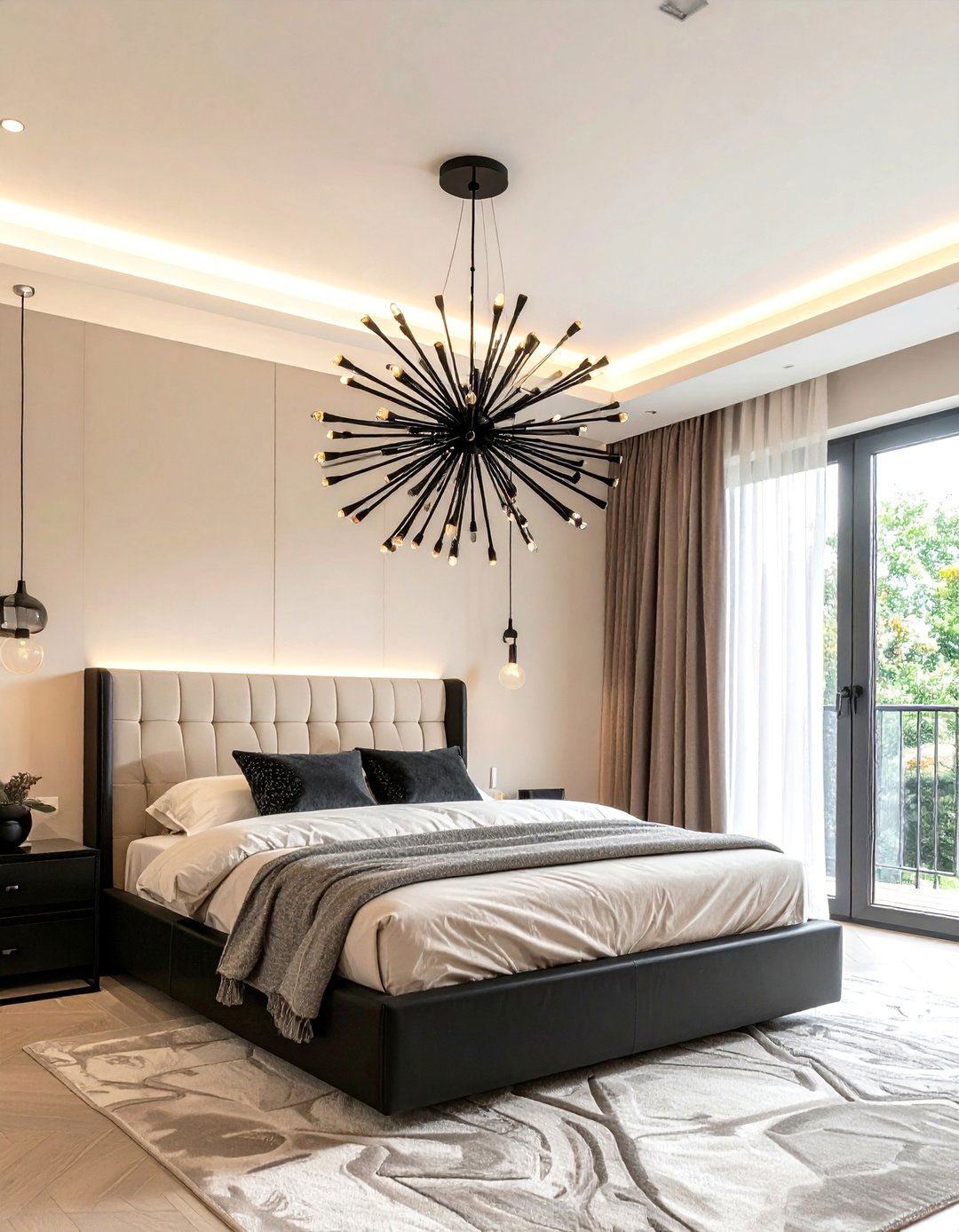 Cream and Black Bedroom with a Statement Light Fixture - 35 Cream and Black Bedroom Ideas for Elegant Style