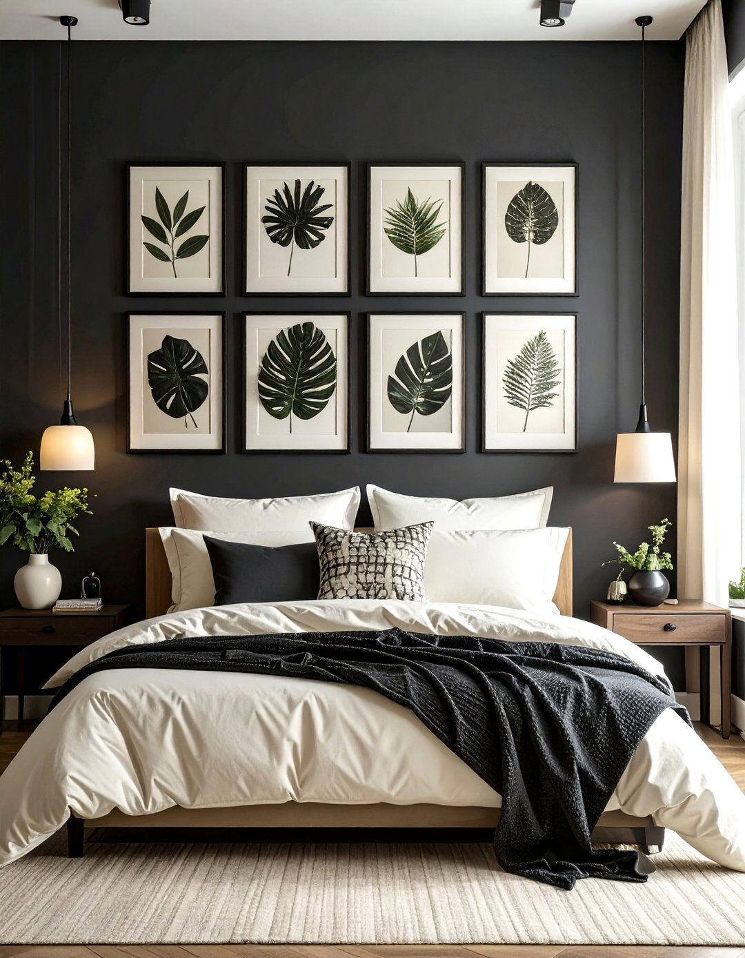 Cream and Black Botanical Prints - 35 Cream and Black Bedroom Ideas for Elegant Style