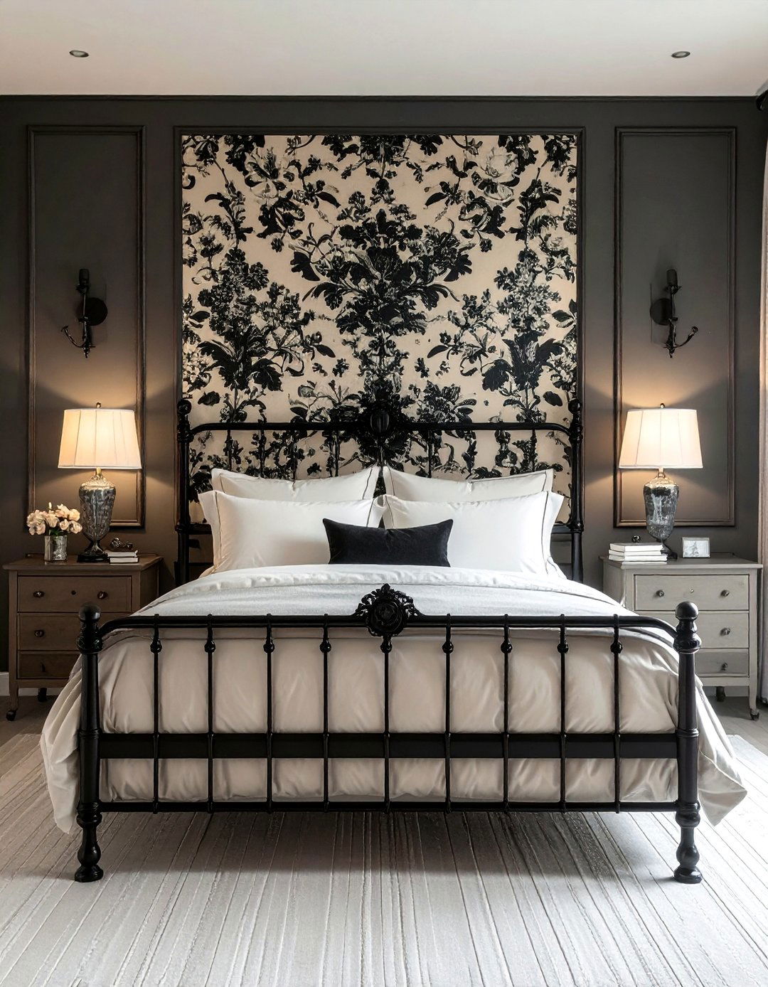 Cream and Black Toile Patterned Bedroom - 35 Cream and Black Bedroom Ideas for Elegant Style