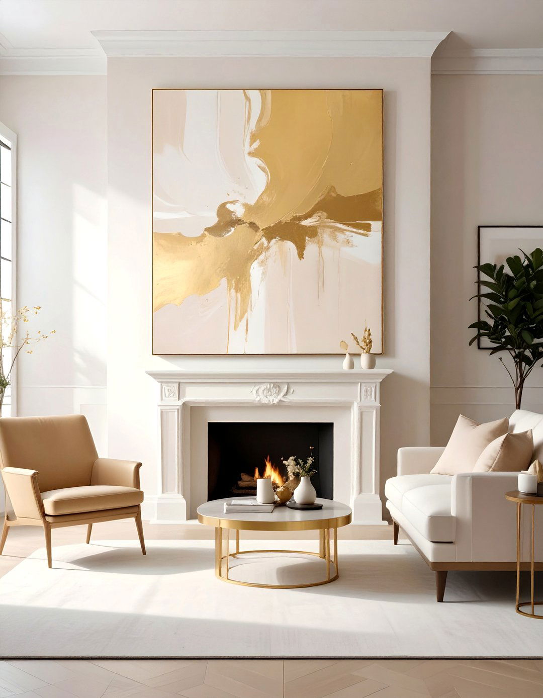 Cream and Gold Living Room with Abstract Wall Art - 20 Cream and Gold Living Room Ideas for Elegance