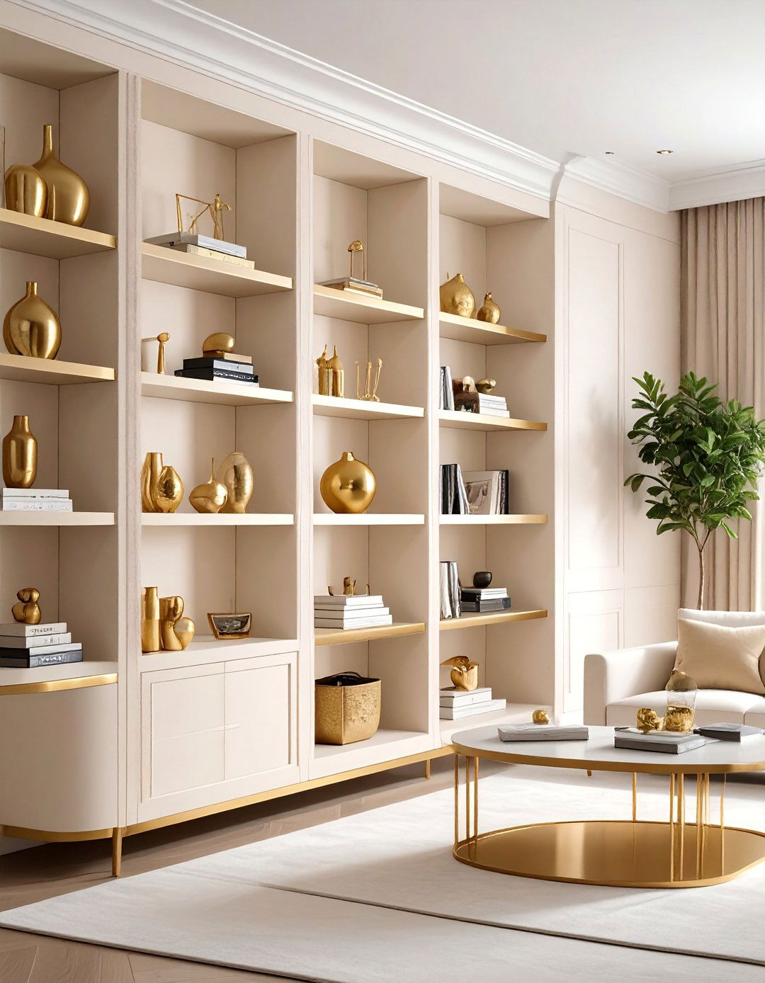 Cream and Gold Living Room with Built In Shelving - 20 Cream and Gold Living Room Ideas for Elegance