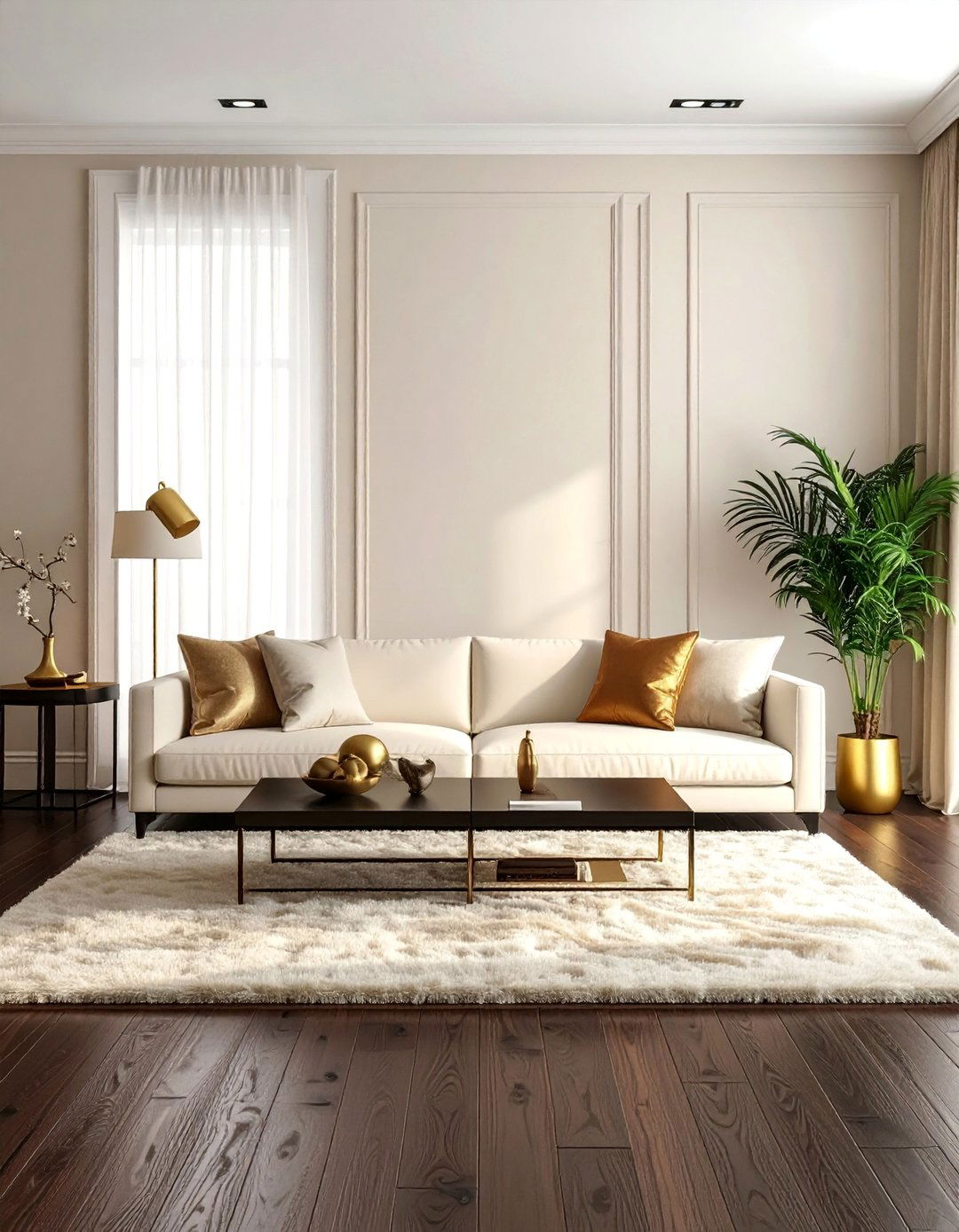 Cream and Gold Living Room with Dark Wood Flooring - 20 Cream and Gold Living Room Ideas for Elegance
