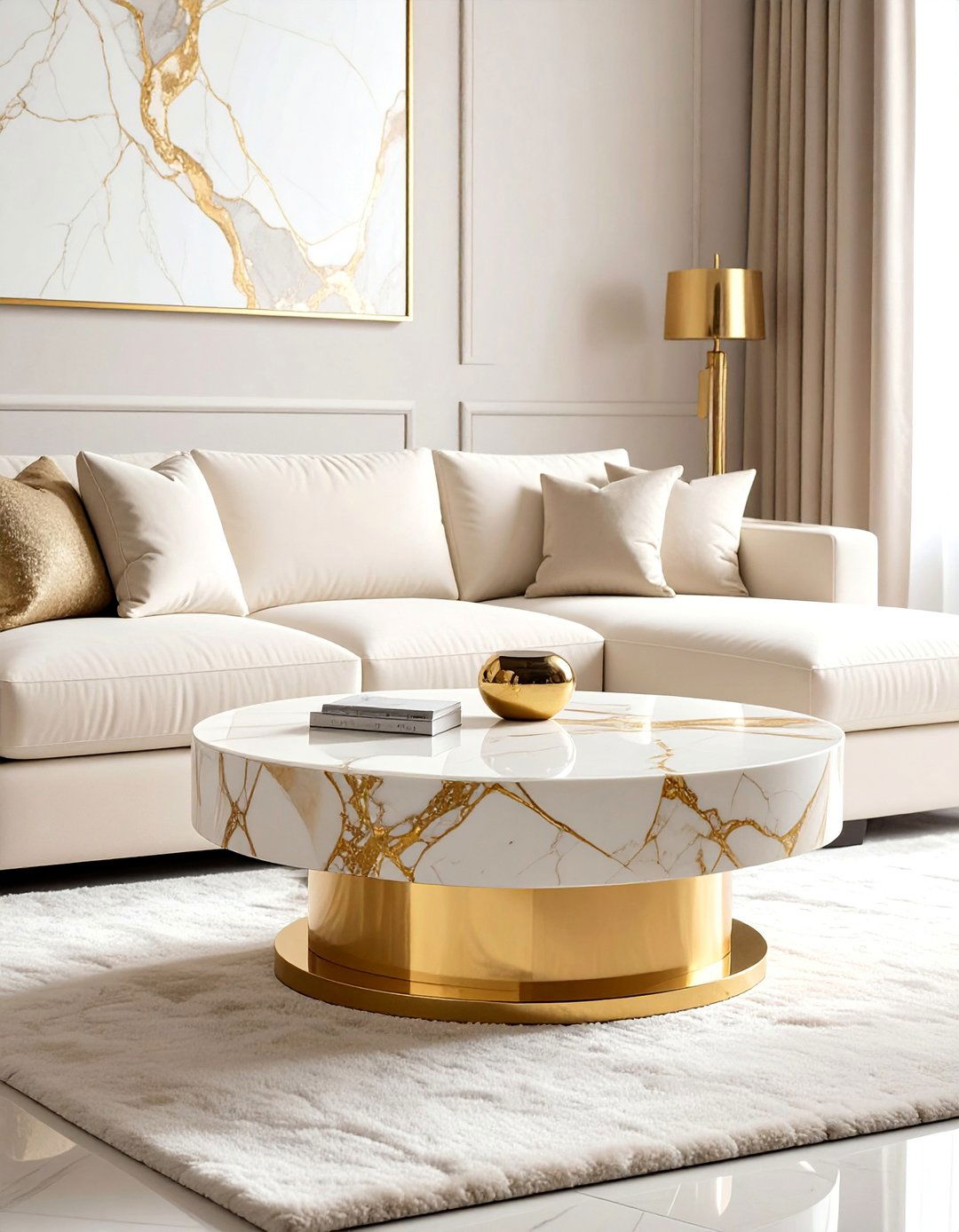 Cream and Gold Living Room with Marble Accents - 20 Cream and Gold Living Room Ideas for Elegance