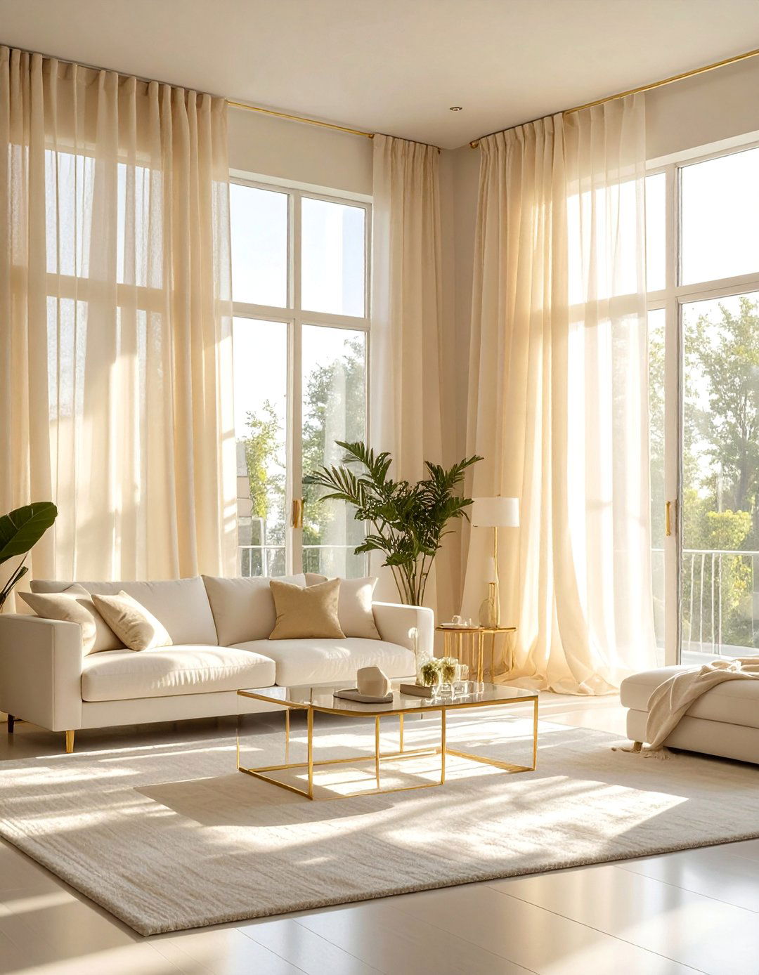 Cream and Gold Living Room with Metallic Threaded Curtains - 20 Cream and Gold Living Room Ideas for Elegance