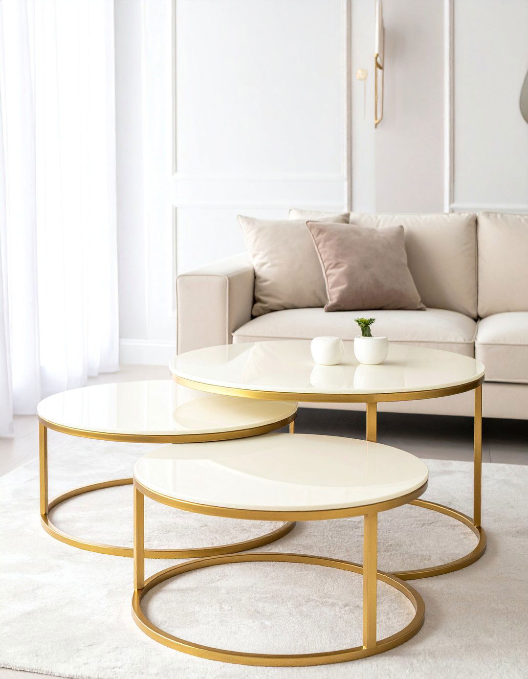 Cream and Gold Living Room with Nesting Coffee Tables - 20 Cream and Gold Living Room Ideas for Elegance