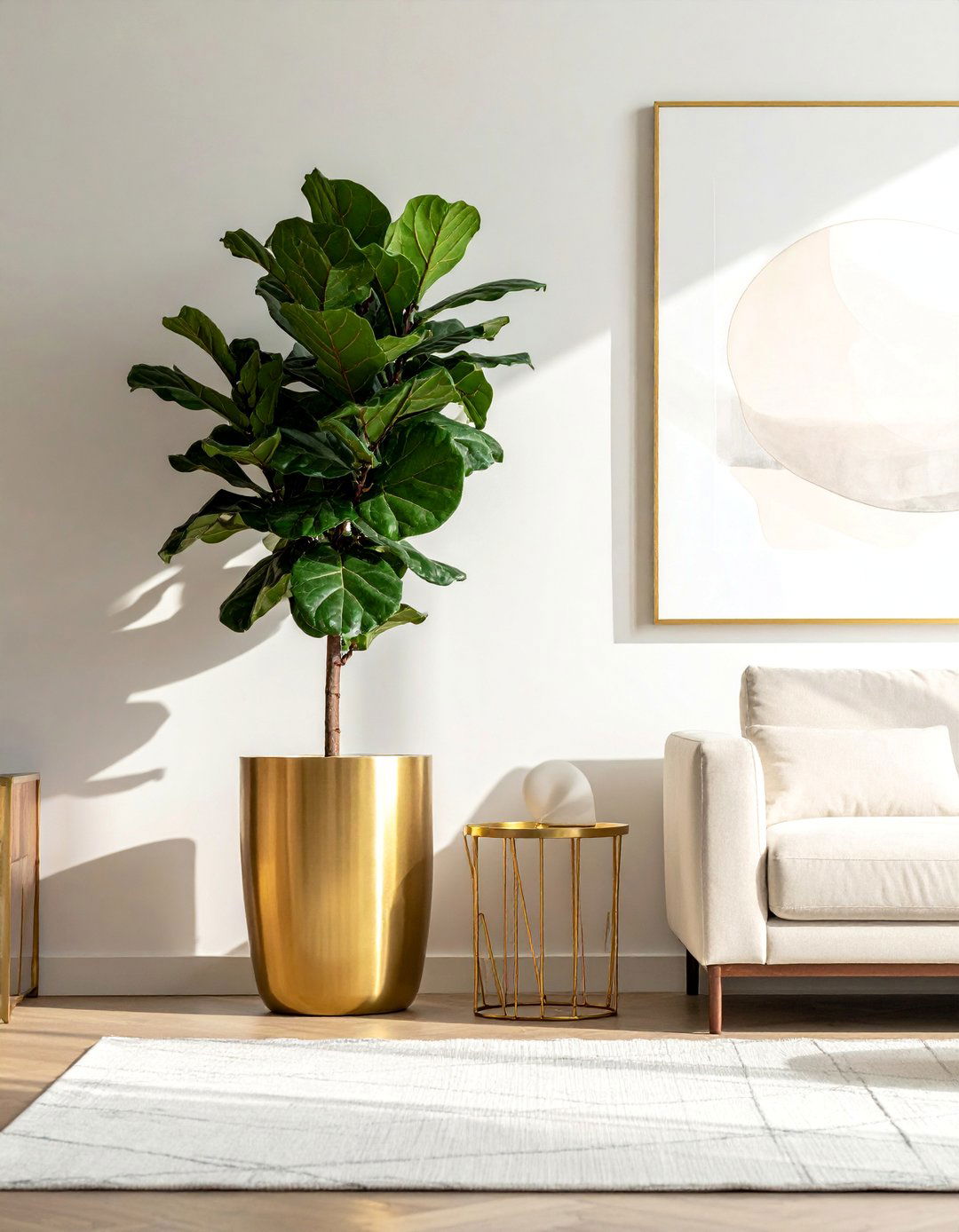 Cream and Gold Living Room with Tall Houseplants - 20 Cream and Gold Living Room Ideas for Elegance