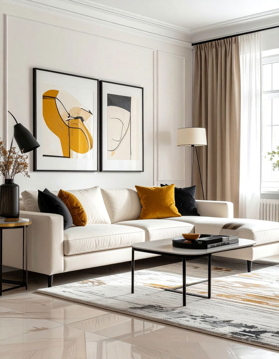 Cream and Gold Living Room with Touches of Black - 20 Cream and Gold Living Room Ideas for Elegance