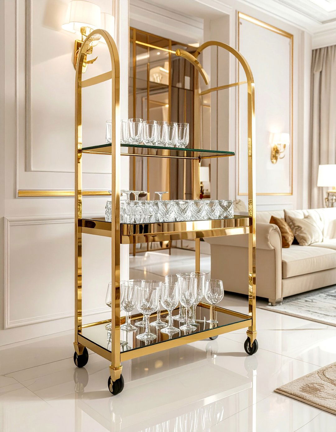 Cream and Gold Living Room with a Bar Cart - 20 Cream and Gold Living Room Ideas for Elegance