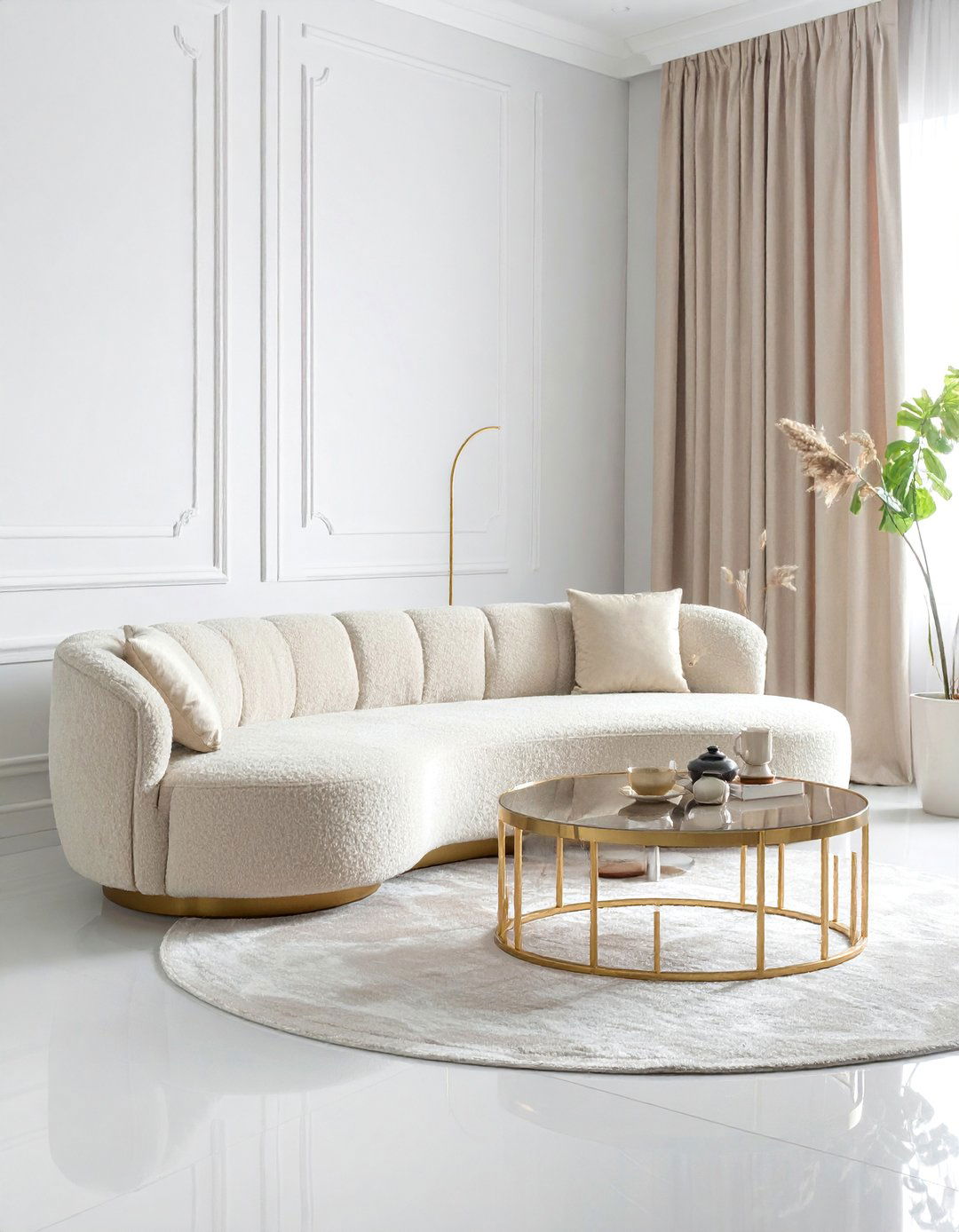 Cream and Gold Living Room with a Curvy Sofa - 20 Cream and Gold Living Room Ideas for Elegance