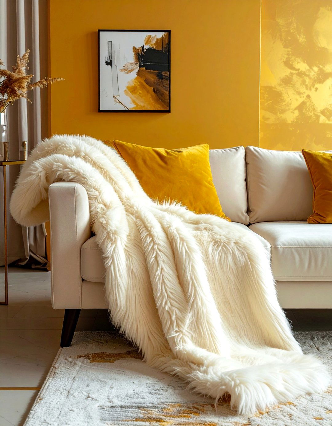 Cream and Gold Living Room with a Faux Fur Throw - 20 Cream and Gold Living Room Ideas for Elegance