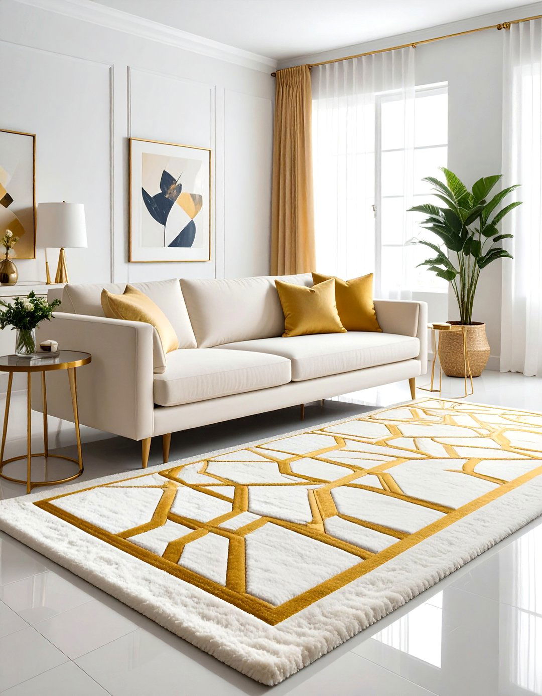Cream and Gold Living Room with a Geometric Rug - 20 Cream and Gold Living Room Ideas for Elegance