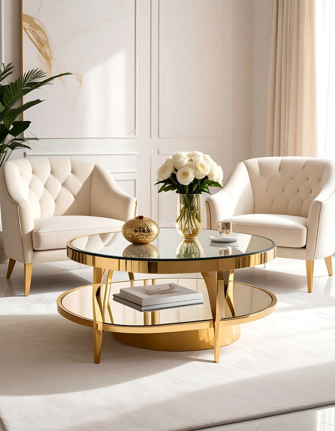Cream and Gold Living Room with a Mirrored Coffee Table