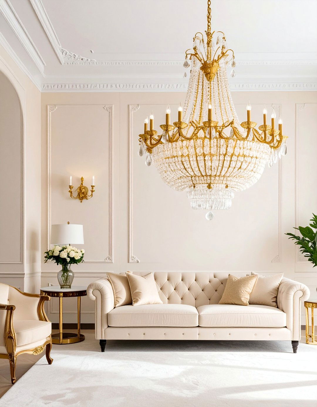 Cream and Gold Living Room with a Statement Chandelier - 20 Cream and Gold Living Room Ideas for Elegance