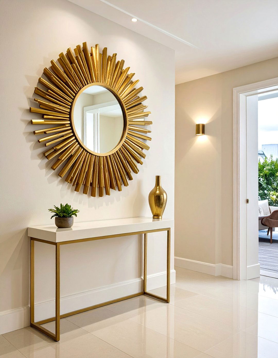 Cream and Gold Living Room with a Sunburst Mirror - 20 Cream and Gold Living Room Ideas for Elegance