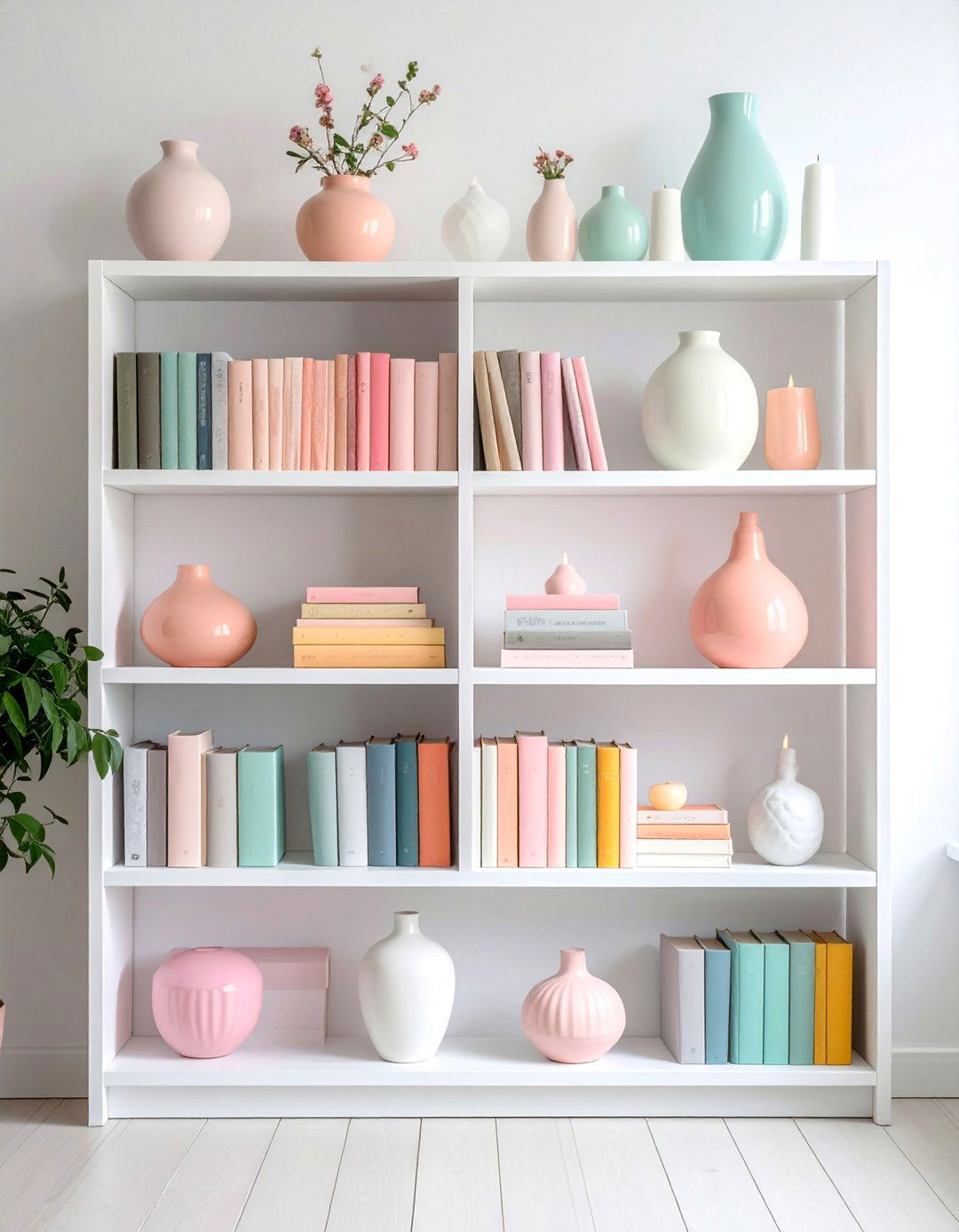 Curated Pastel Bookshelf Display - 25 Danish Pastel Room Ideas for a Soft, Minimalist Aesthetic