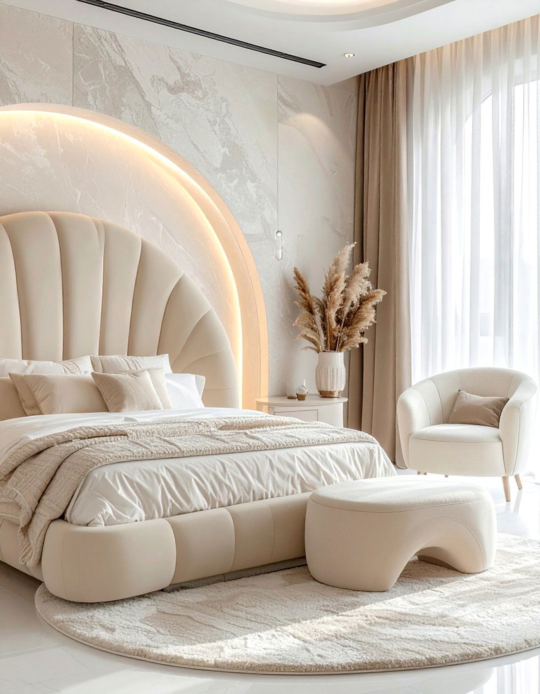 Curved Furniture with Boucle Fabric - 20 Dreamy Bedroom Design Ideas for a Relaxing Space