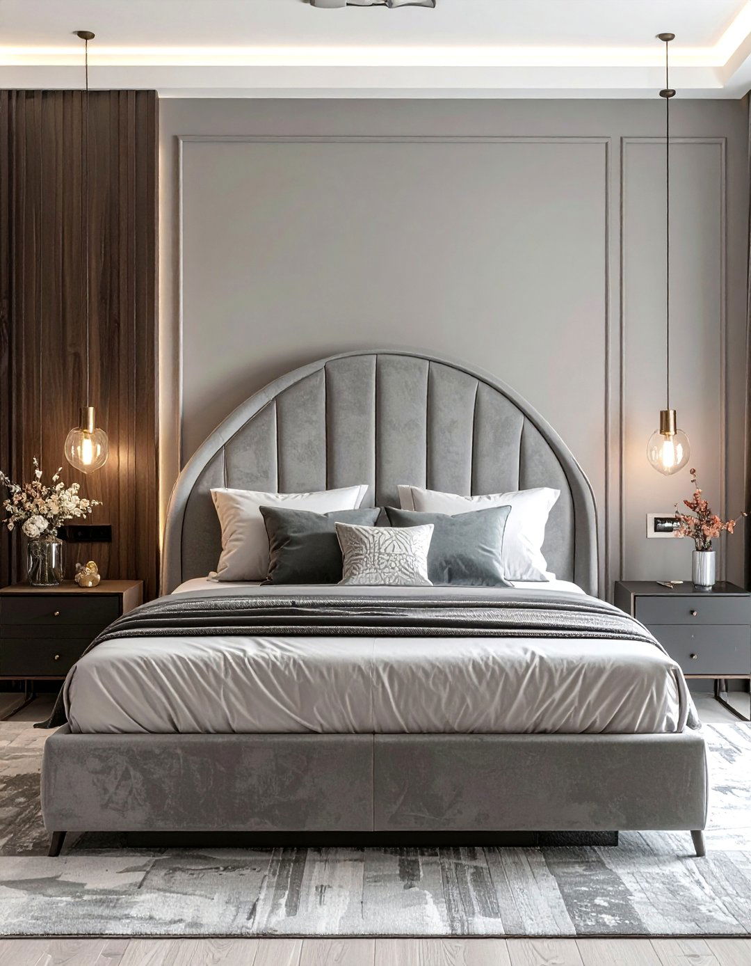 Curved Grey Headboard for a Softer Look - 25 Grey Headboard Bedroom Ideas for a Calm Retreat