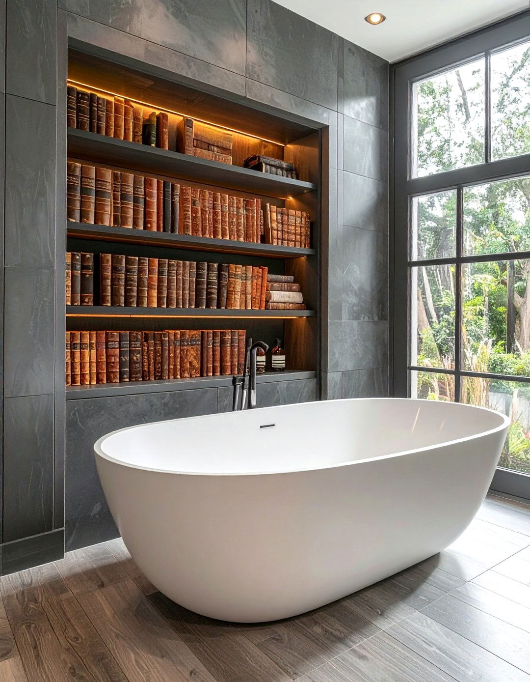 Dark Academia Bathroom with a Bookshelf Nook - 20 Dark Academia Bathroom Ideas for a Dramatic Look