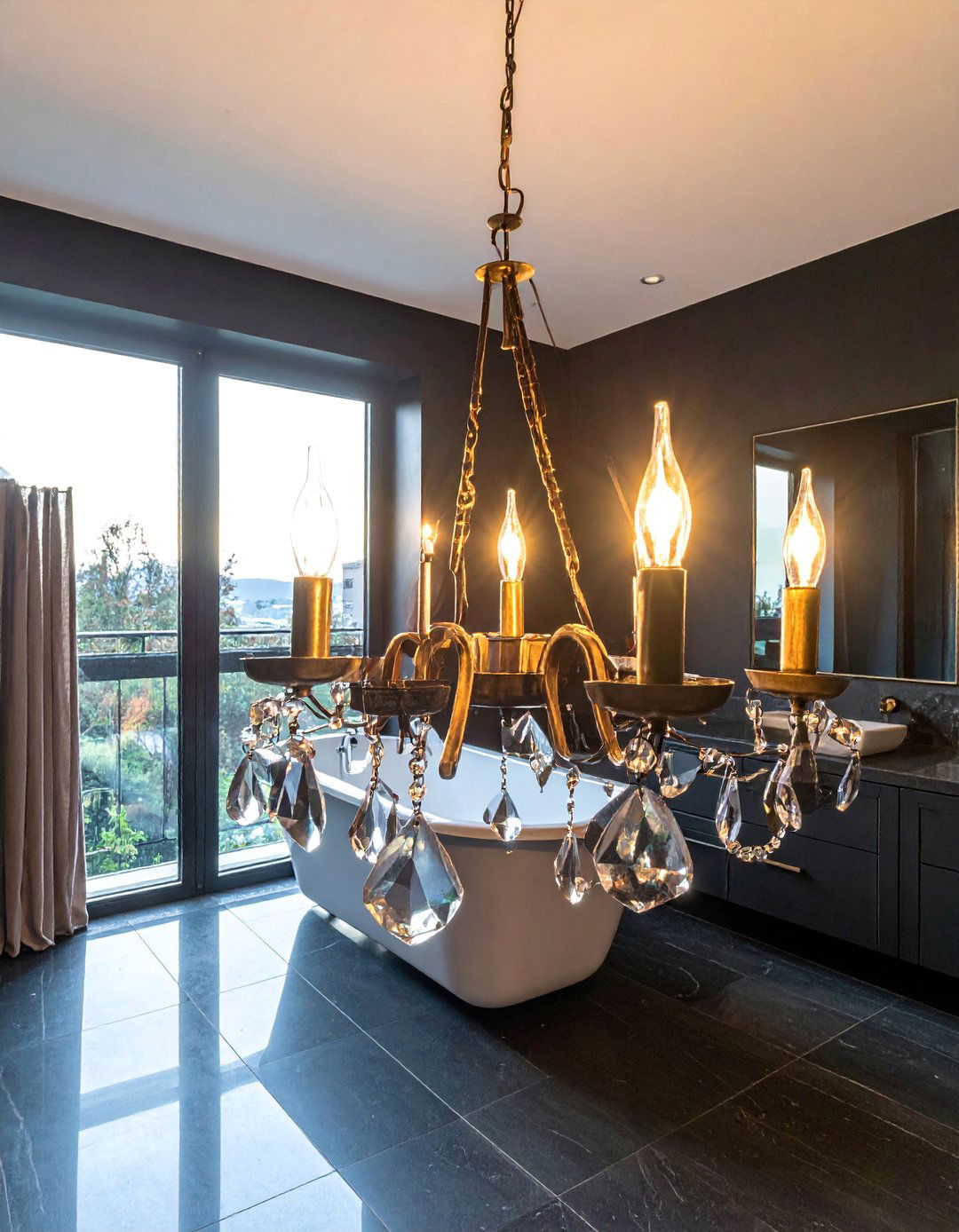 Dark Academia Bathroom with a Crystal Chandelier - 20 Dark Academia Bathroom Ideas for a Dramatic Look