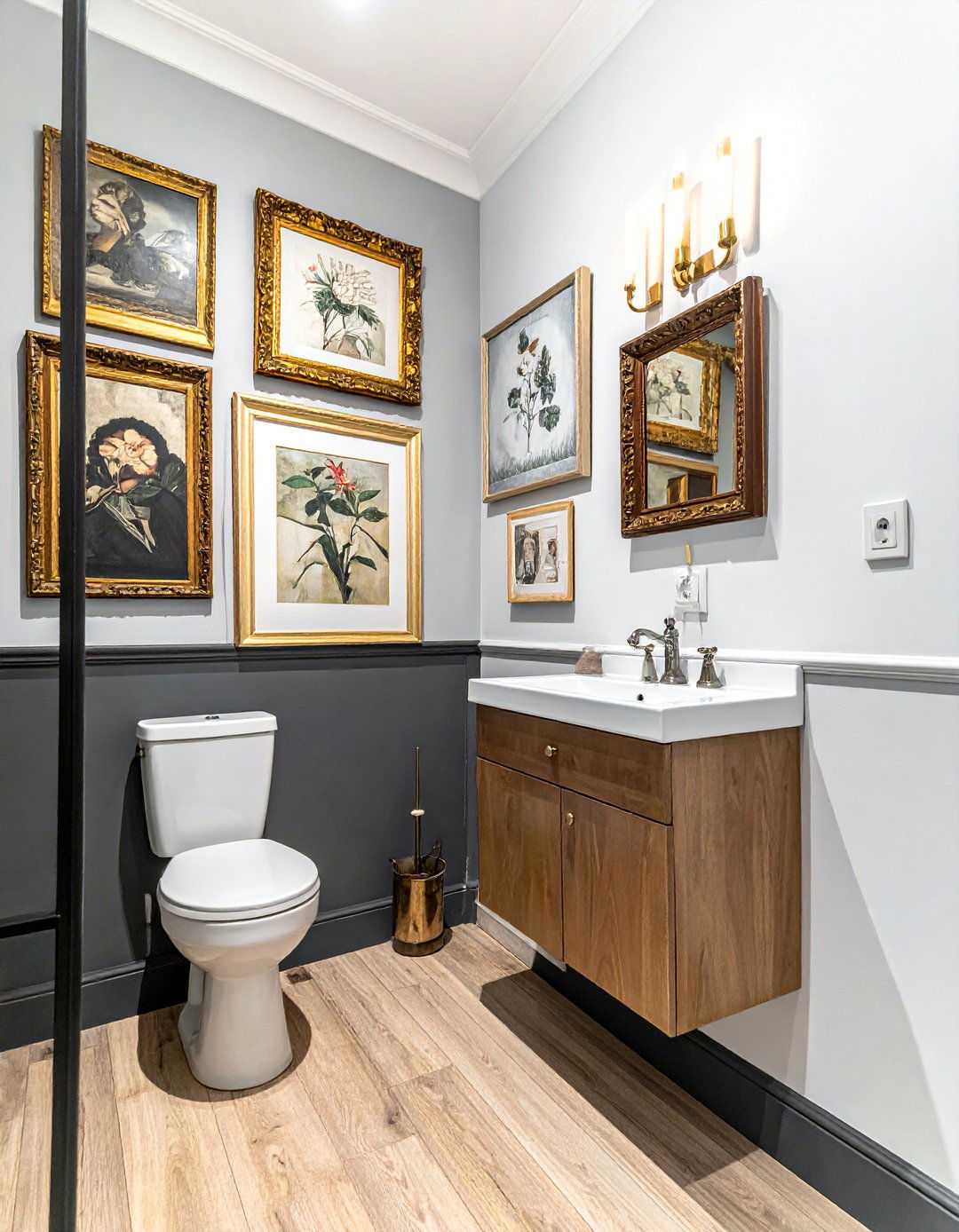 Dark Academia Bathroom with a Gallery Wall - 20 Dark Academia Bathroom Ideas for a Dramatic Look