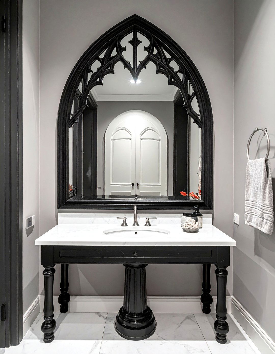 Dark Academia Bathroom with a Gothic Arched Mirror - 20 Dark Academia Bathroom Ideas for a Dramatic Look