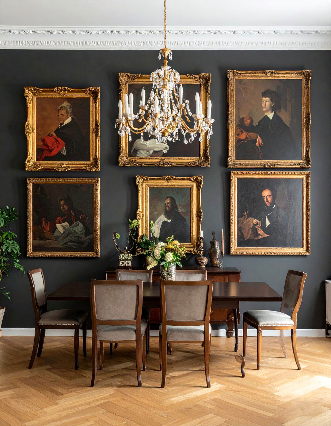 Dark Academia Dining Room Featuring a Gallery Wall of Portraits - 20 Dark Academia Dining Room Ideas for Elegance