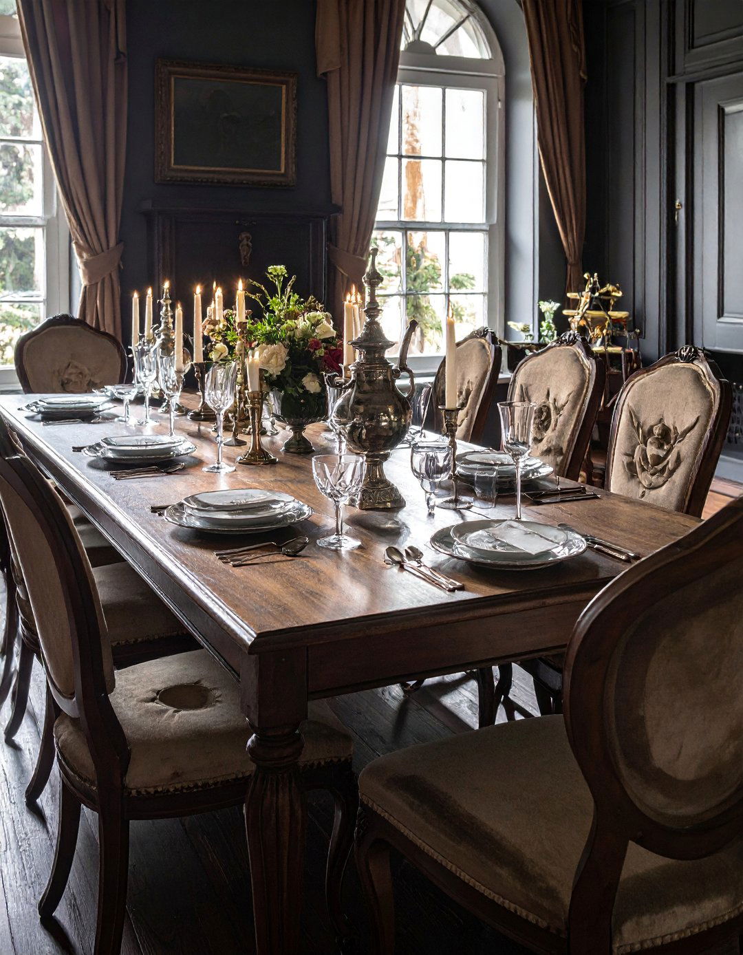 Dark Academia Dining Room with Antique Silverware and Serveware - 20 Dark Academia Dining Room Ideas for Elegance