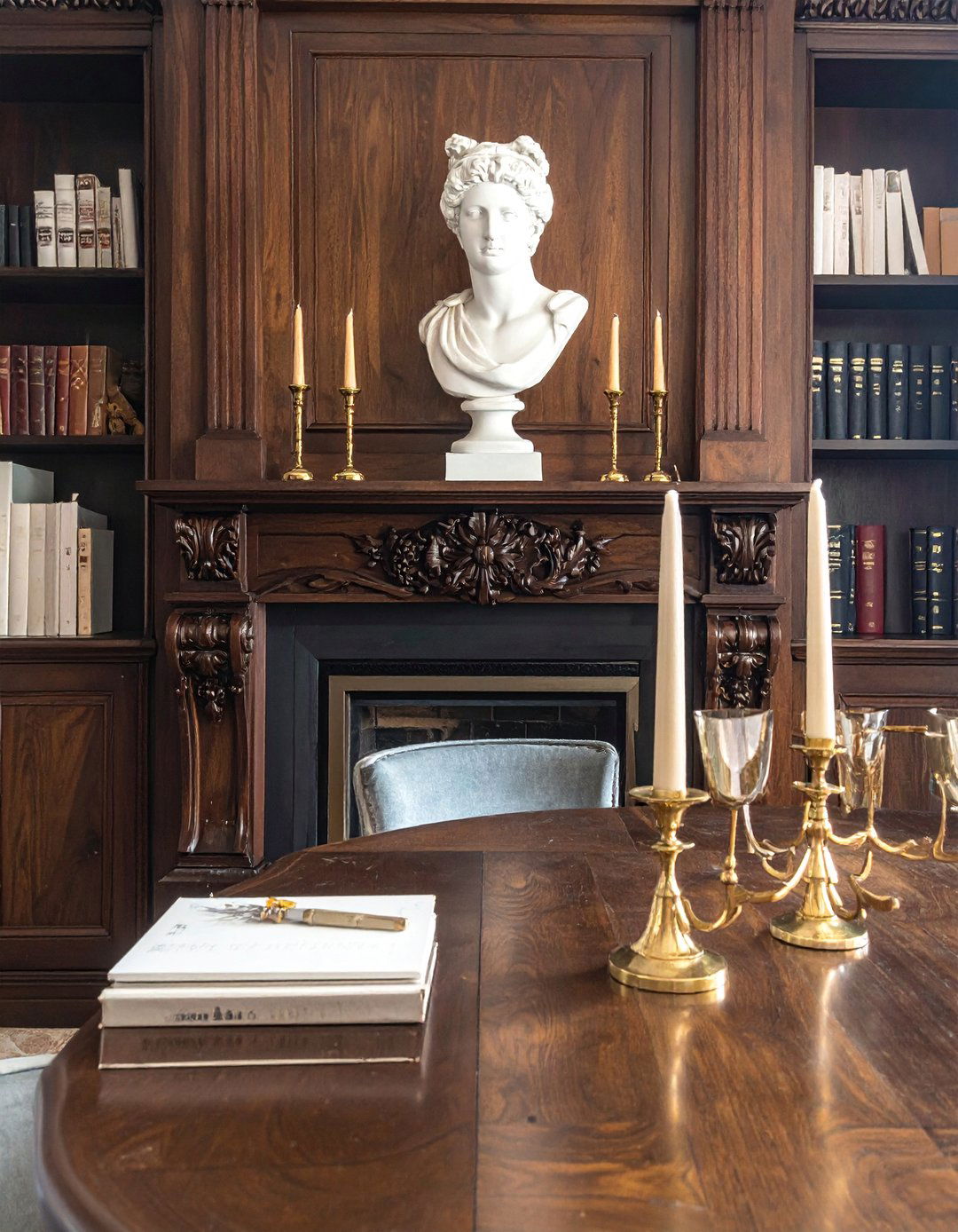 Dark Academia Dining Room with a Faux Fireplace Mantel - 20 Dark Academia Dining Room Ideas for Elegance