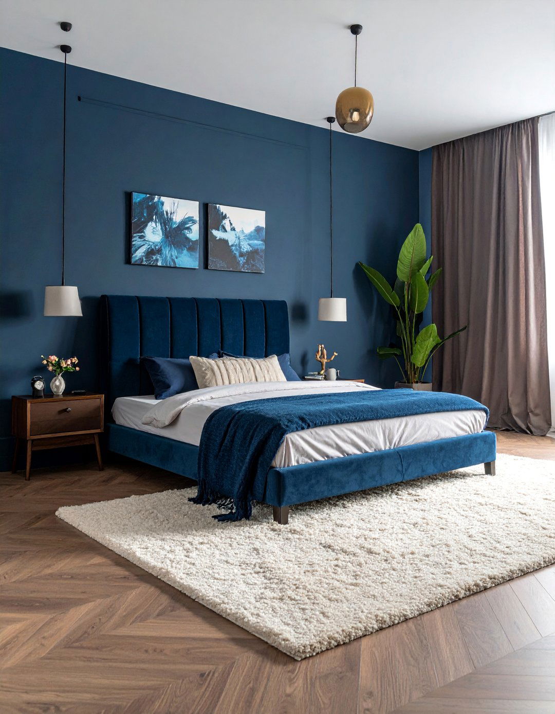 Dark Blue Bedroom Anchored by a Large Area Rug - 30 Dark Blue Bedroom Ideas for a Serene and Stylish Space