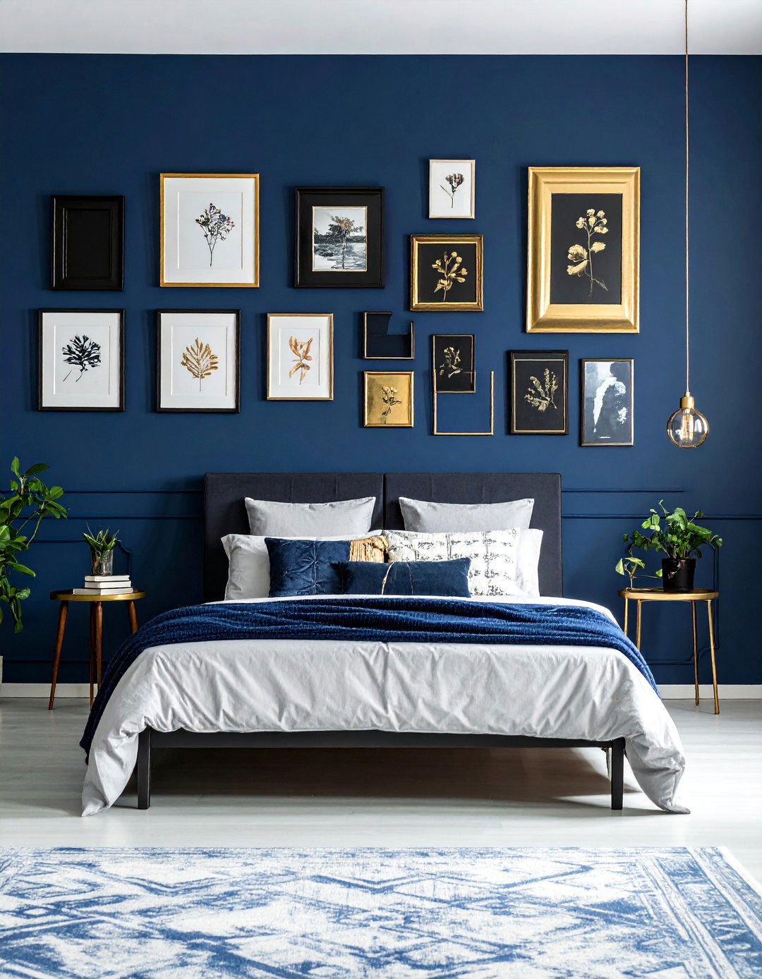Dark Blue Bedroom Featuring a Gallery Wall - 30 Dark Blue Bedroom Ideas for a Serene and Stylish Space