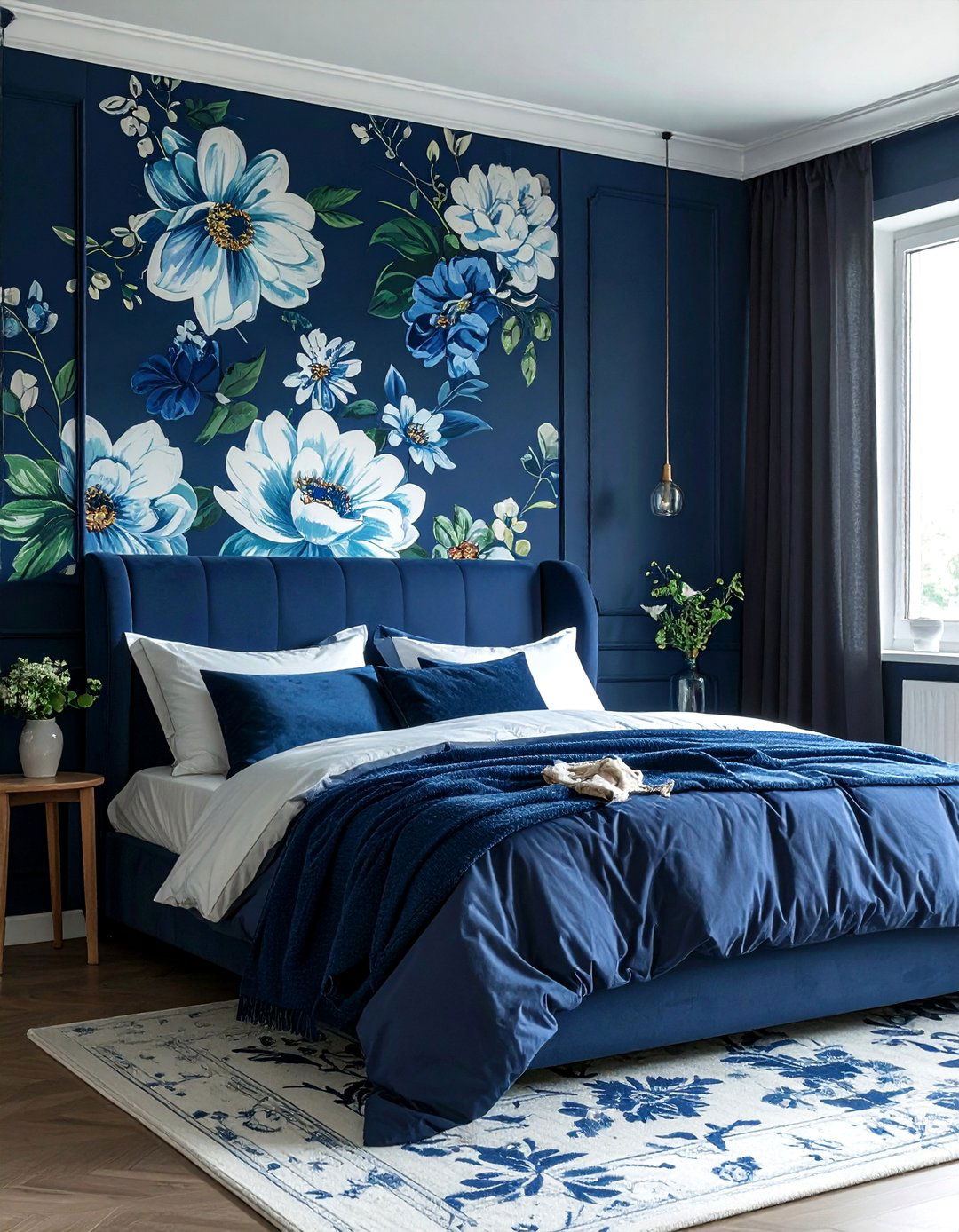 Dark Blue Bedroom with Bold Wall Patterns - 30 Dark Blue Bedroom Ideas for a Serene and Stylish Space