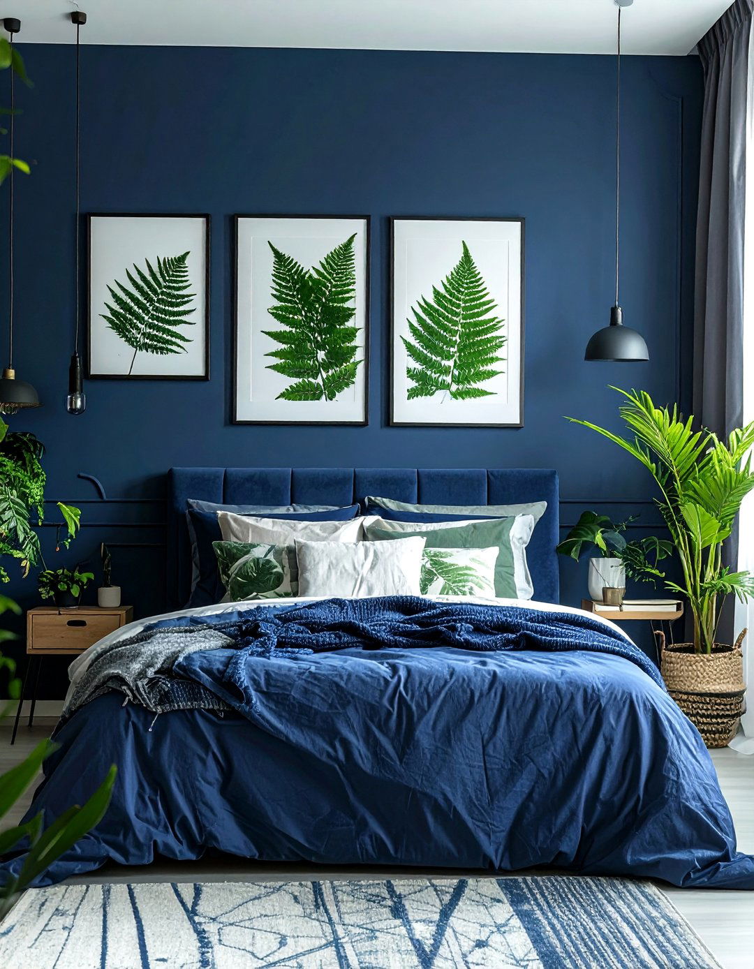 Dark Blue Bedroom with Botanical Prints - 30 Dark Blue Bedroom Ideas for a Serene and Stylish Space