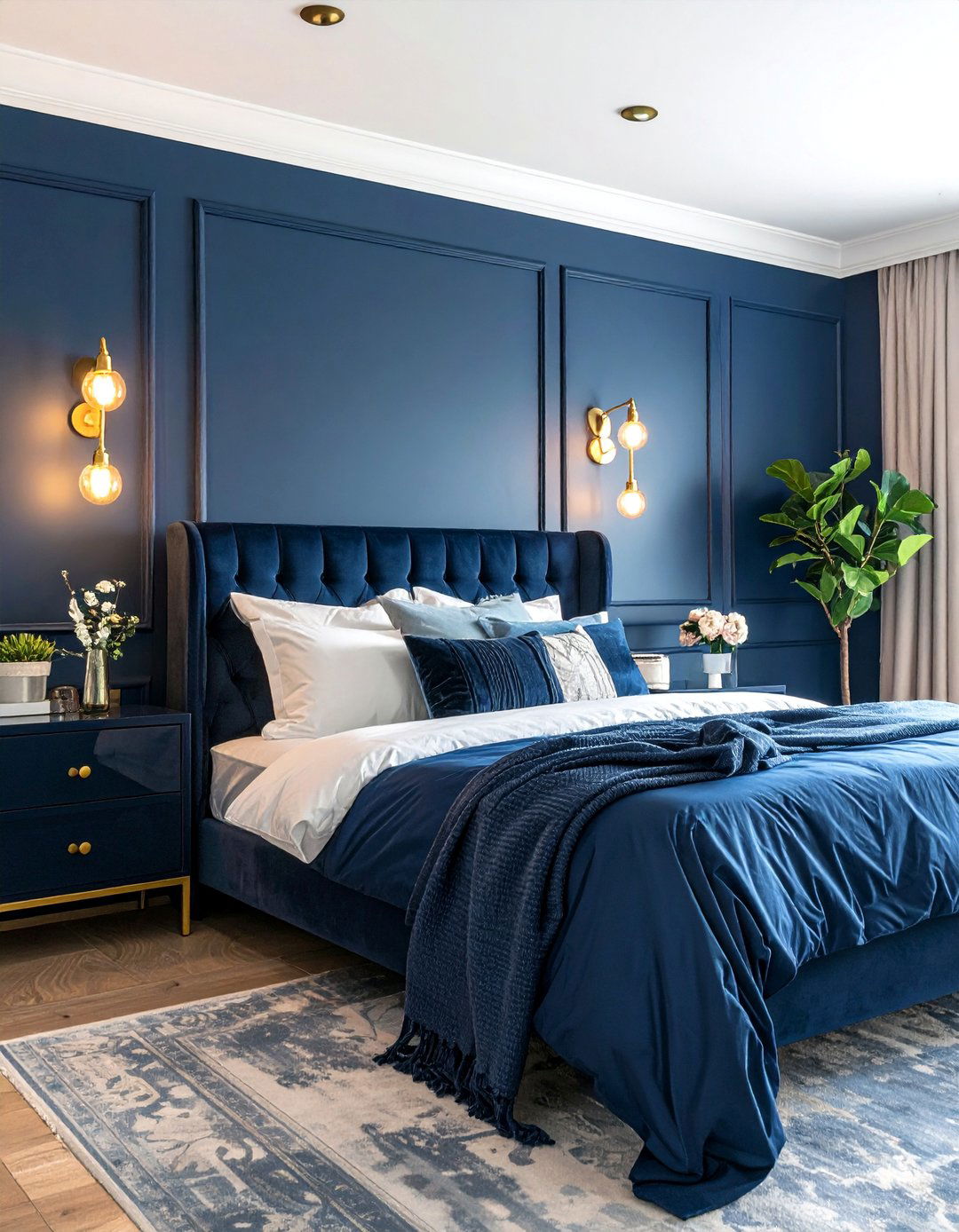 Dark Blue Bedroom with Brass Fixtures - 30 Dark Blue Bedroom Ideas for a Serene and Stylish Space
