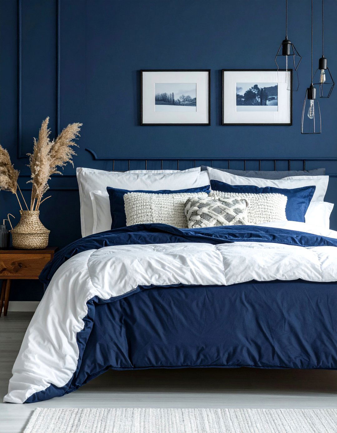 Dark Blue Bedroom with Layered Bedding - 30 Dark Blue Bedroom Ideas for a Serene and Stylish Space