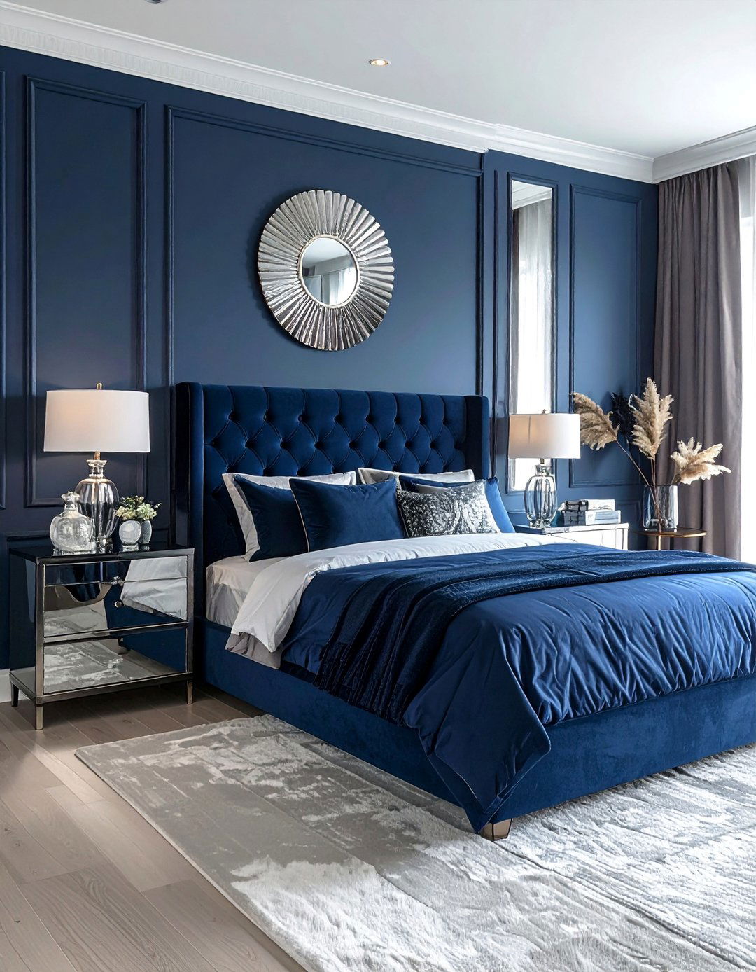 Dark Blue Bedroom with Mirrored Furniture - 30 Dark Blue Bedroom Ideas for a Serene and Stylish Space