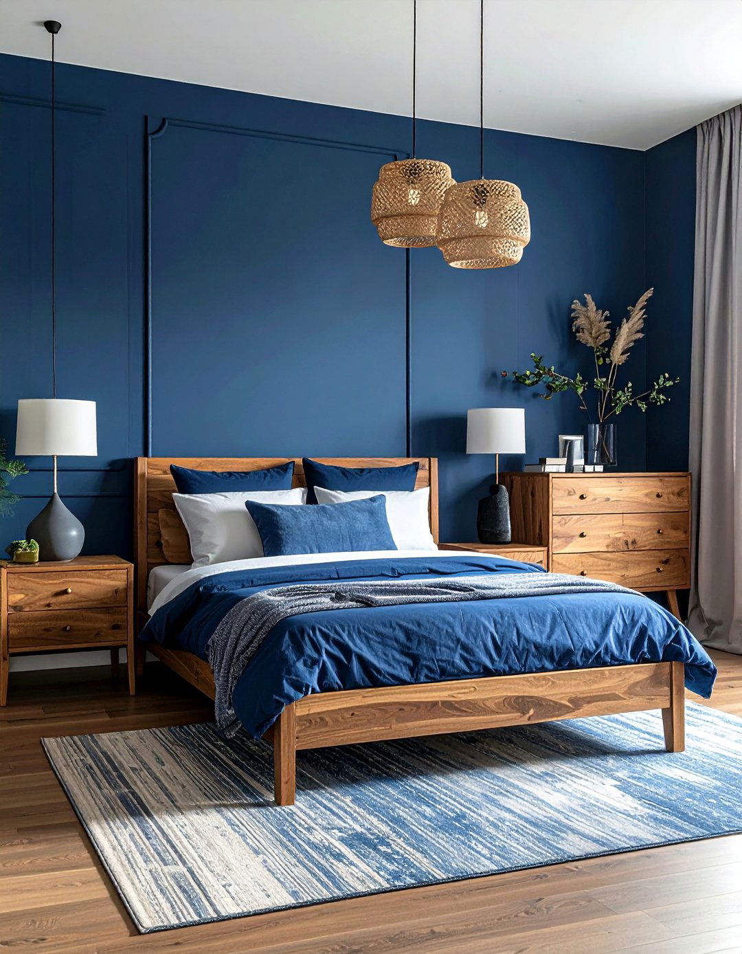 Dark Blue Bedroom with Natural Wood Tones - 30 Dark Blue Bedroom Ideas for a Serene and Stylish Space