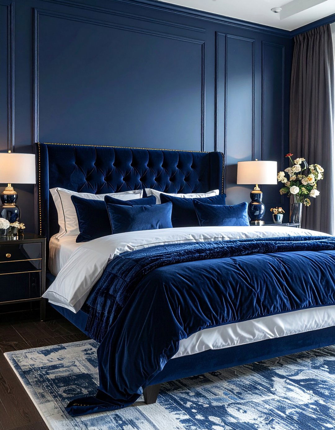 Dark Blue Bedroom with Plush Velvet Textures - 30 Dark Blue Bedroom Ideas for a Serene and Stylish Space