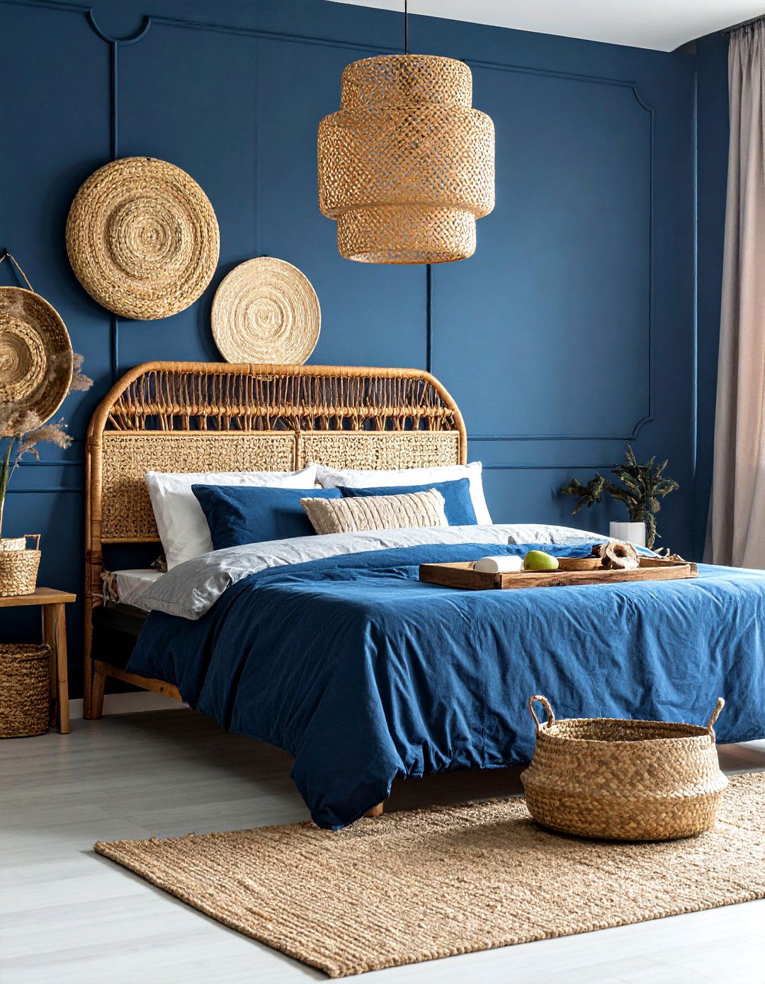 Dark Blue Bedroom with Rattan and Wicker - 30 Dark Blue Bedroom Ideas for a Serene and Stylish Space