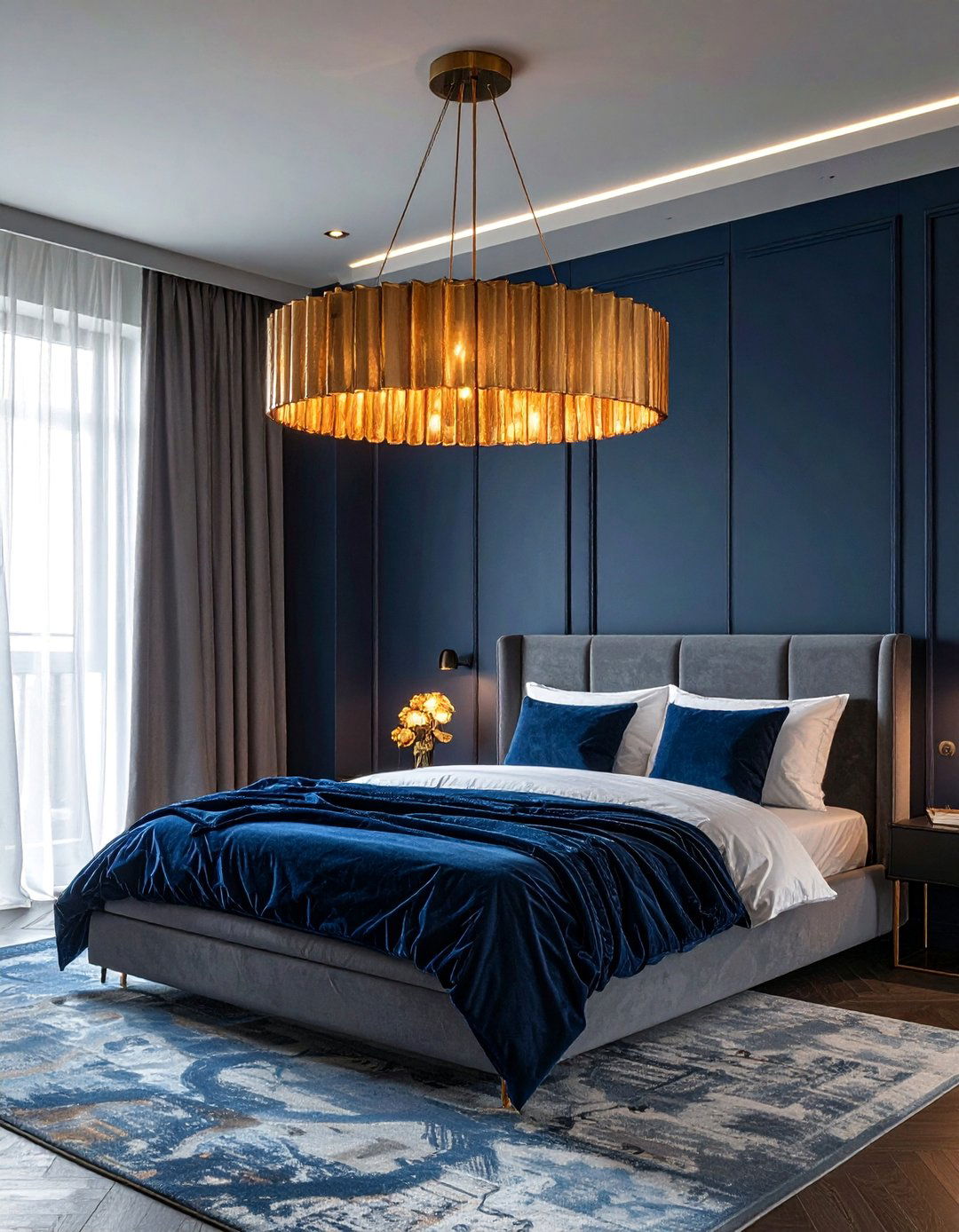 Dark Blue Bedroom with Statement Lighting - 30 Dark Blue Bedroom Ideas for a Serene and Stylish Space