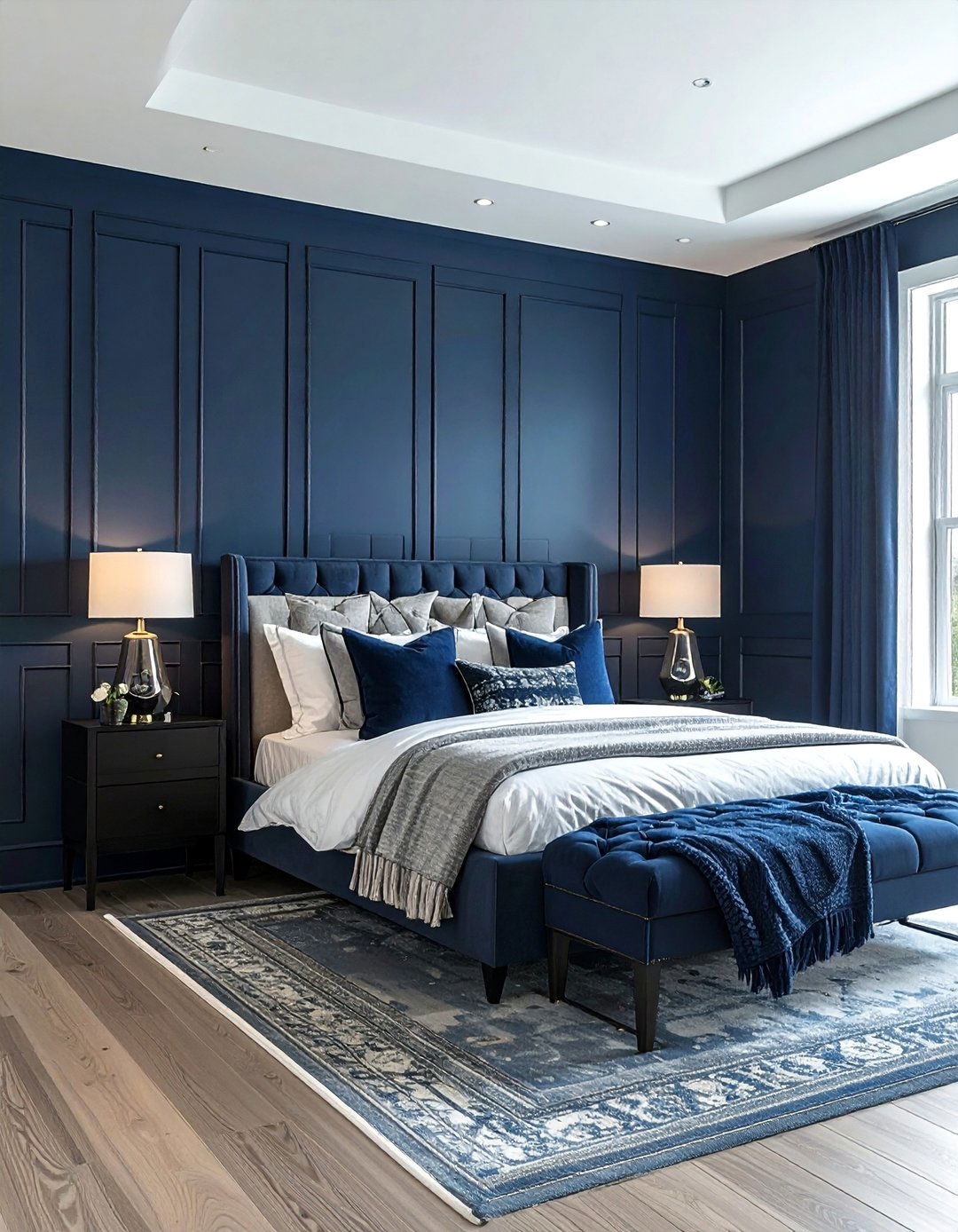 Dark Blue Bedroom with a Paneled Wall - 30 Dark Blue Bedroom Ideas for a Serene and Stylish Space