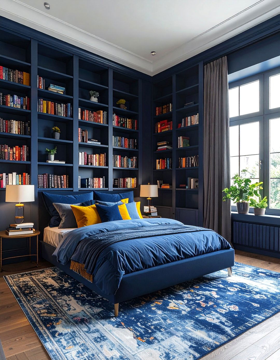 Dark Blue Room with Built in Bookshelves - 30 Dark Blue Bedroom Ideas for a Serene and Stylish Space