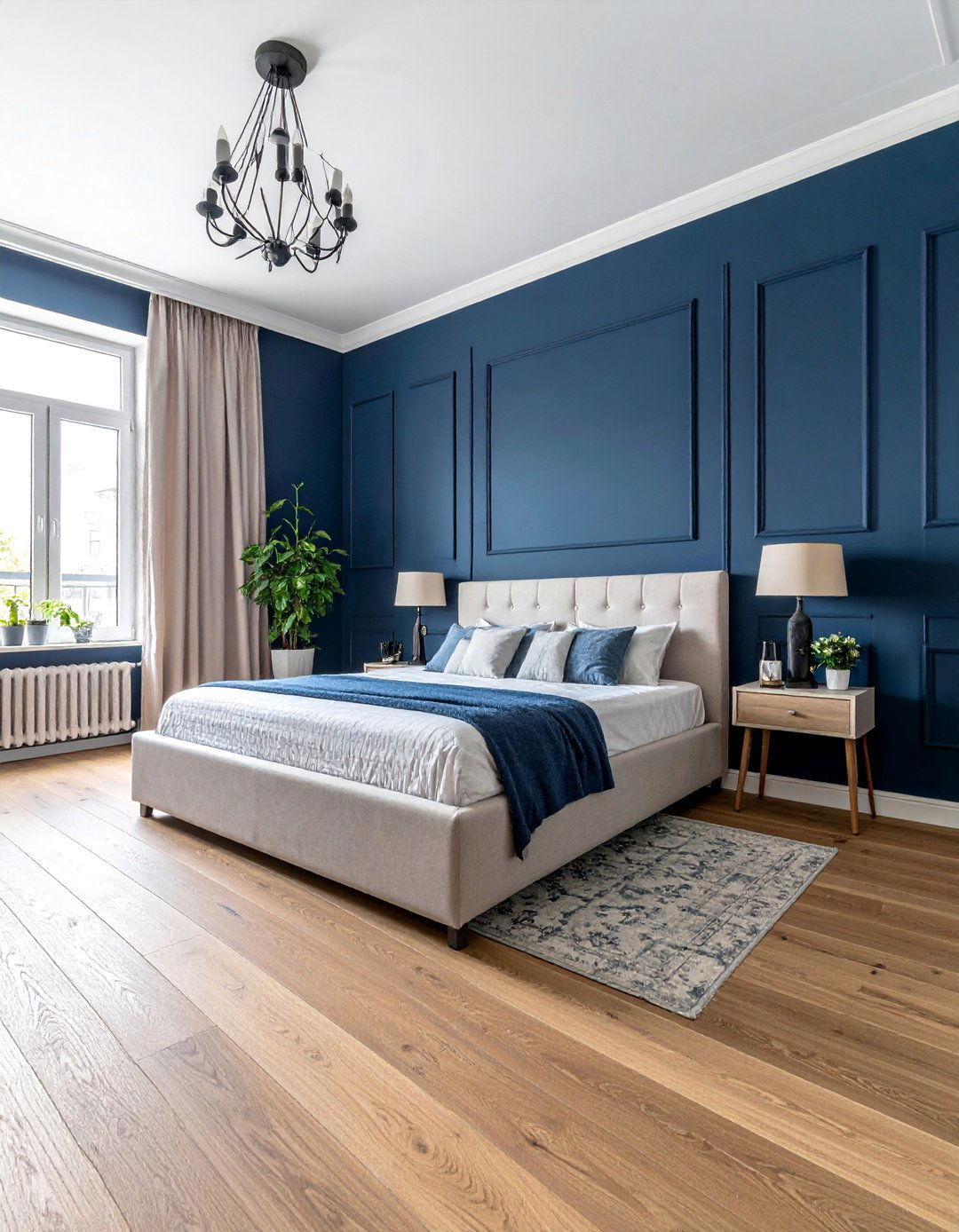Dark Blue Walls and Light Wood Flooring - 30 Dark Blue Bedroom Ideas for a Serene and Stylish Space
