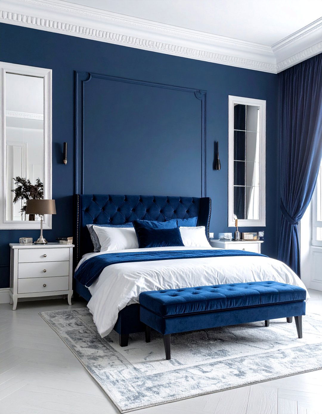 Dark Blue Walls with Crisp White Trim - 30 Dark Blue Bedroom Ideas for a Serene and Stylish Space