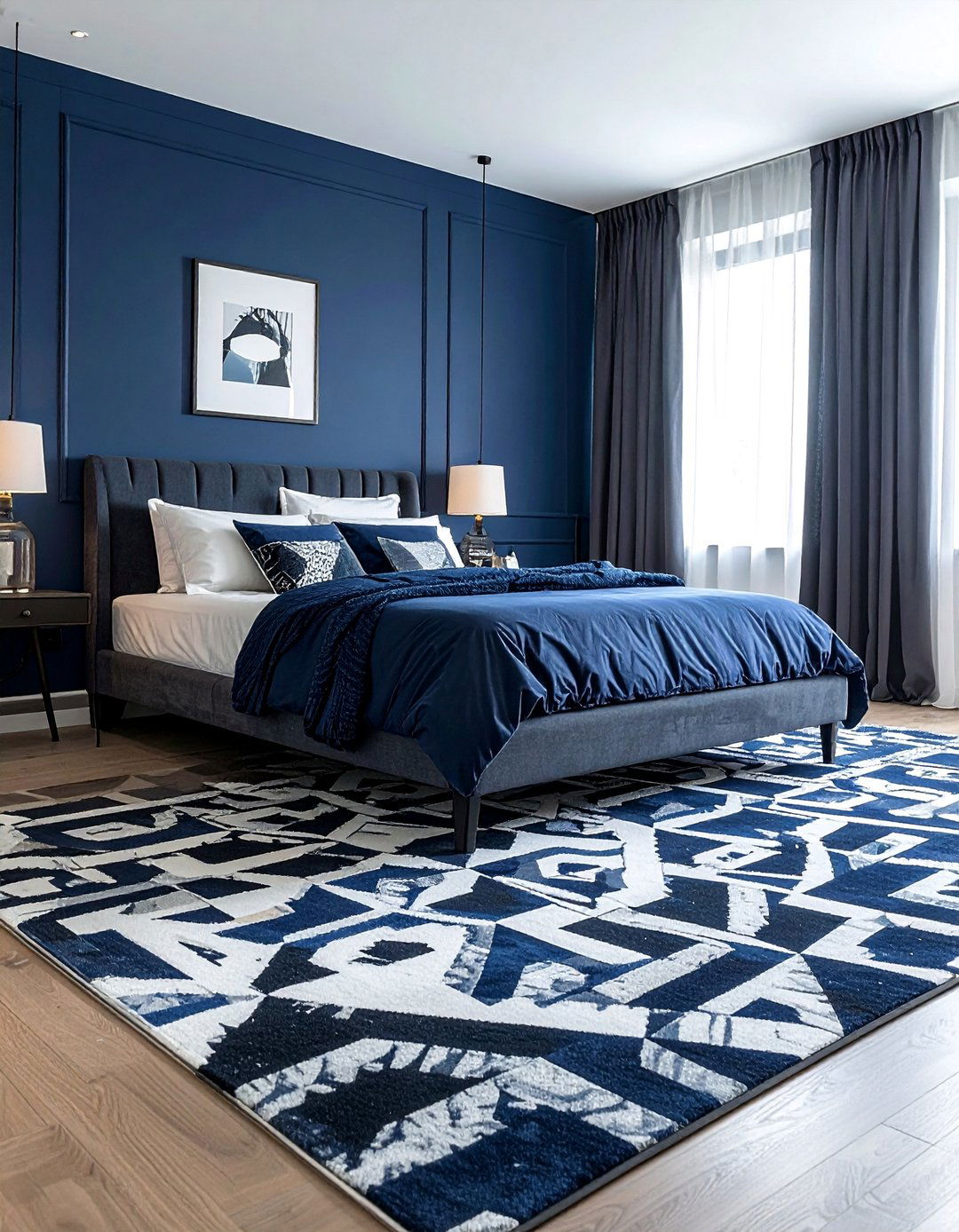 Dark Blue Walls with Geometric Designs - 30 Dark Blue Bedroom Ideas for a Serene and Stylish Space