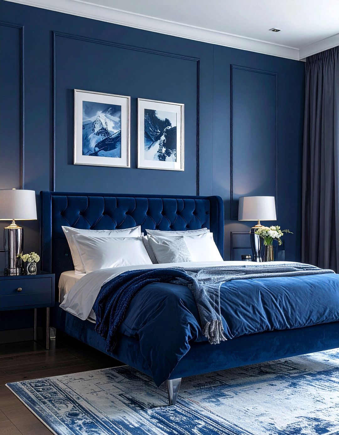 Dark Blue with Silver and Chrome Details - 30 Dark Blue Bedroom Ideas for a Serene and Stylish Space